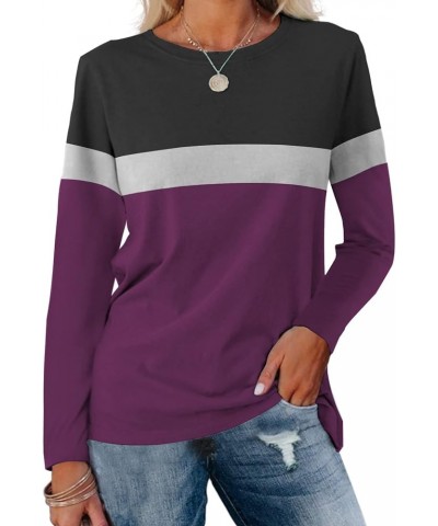 Women's Long Sleeve Color Block Tunics Tops Round Neck Shirts Casual Blouses Black-grey-purple $13.63 Tops