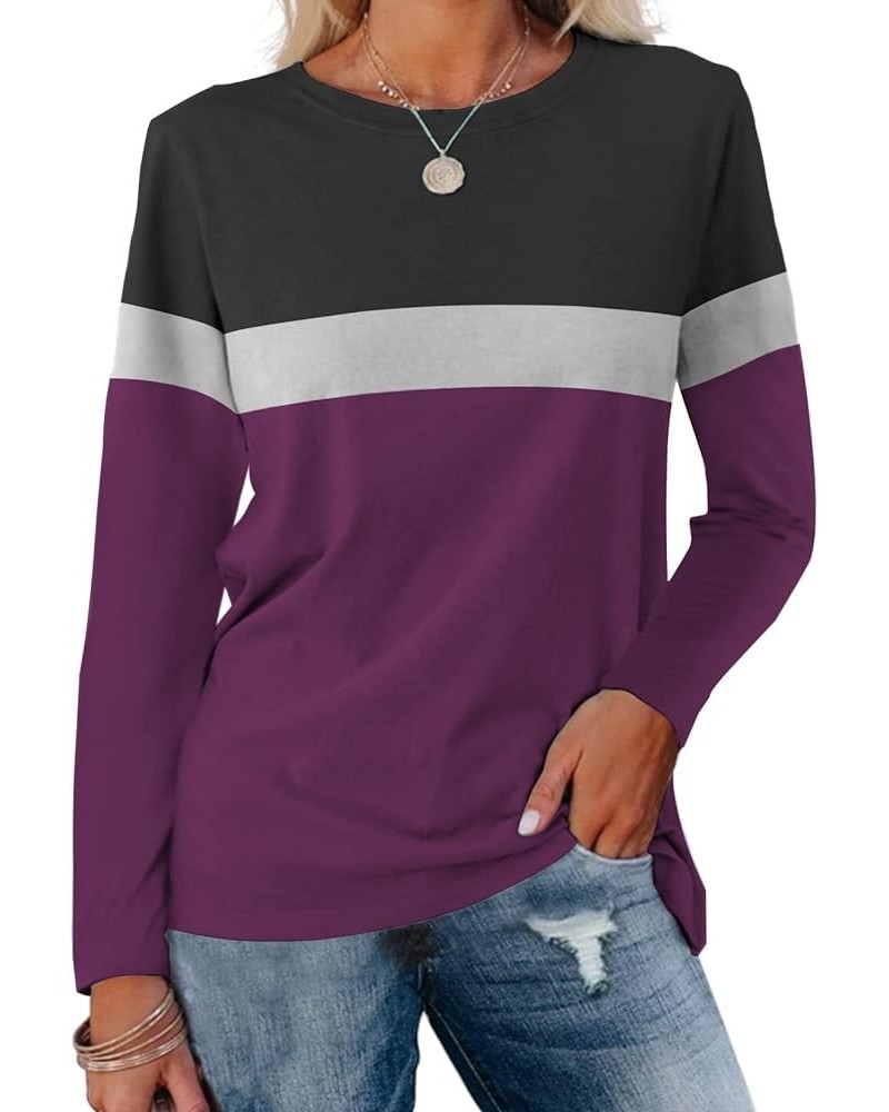 Women's Long Sleeve Color Block Tunics Tops Round Neck Shirts Casual Blouses Black-grey-purple $13.63 Tops