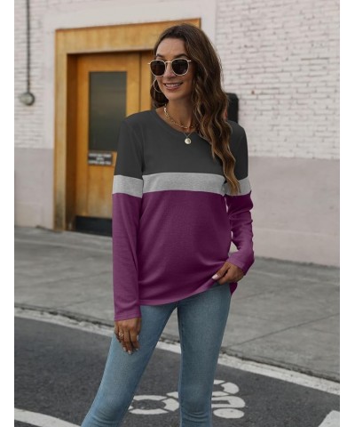 Women's Long Sleeve Color Block Tunics Tops Round Neck Shirts Casual Blouses Black-grey-purple $13.63 Tops