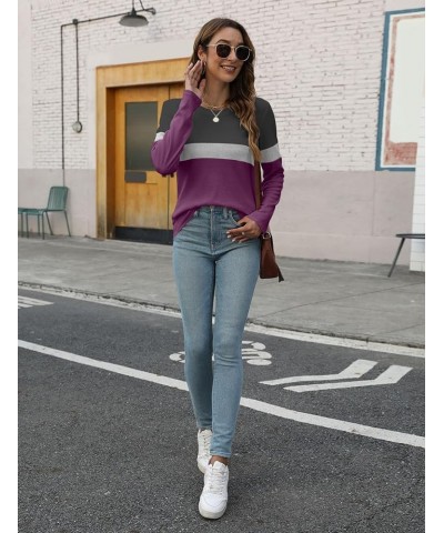 Women's Long Sleeve Color Block Tunics Tops Round Neck Shirts Casual Blouses Black-grey-purple $13.63 Tops