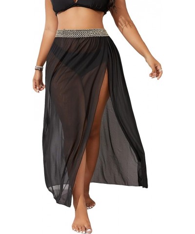 Women's Plus Size Split Thigh Sheer Mesh Cover Up Skirt Summer Long Beach Skirts Black $12.53 Swimsuits