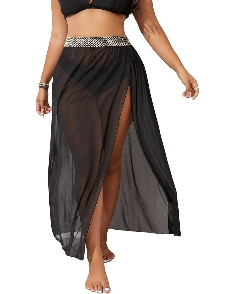 Women's Plus Size Split Thigh Sheer Mesh Cover Up Skirt Summer Long Beach Skirts Black $12.53 Swimsuits