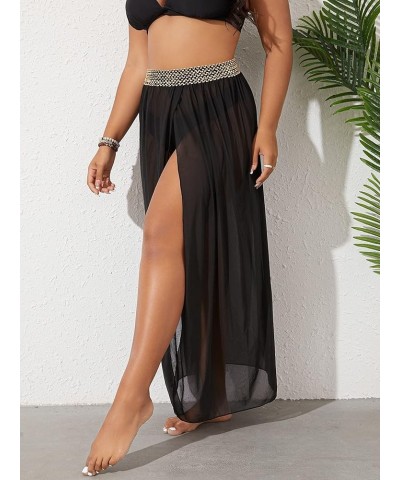 Women's Plus Size Split Thigh Sheer Mesh Cover Up Skirt Summer Long Beach Skirts Black $12.53 Swimsuits