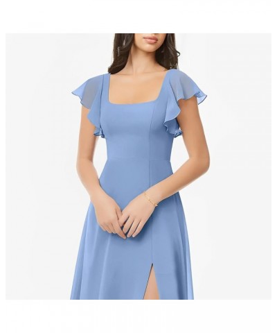 Chiffon Bridesmaid Dresses Ruched A-Line Wedding Party Summer Evening Dresses Floor-Length with Slit Steel Blue $26.80 Dresses
