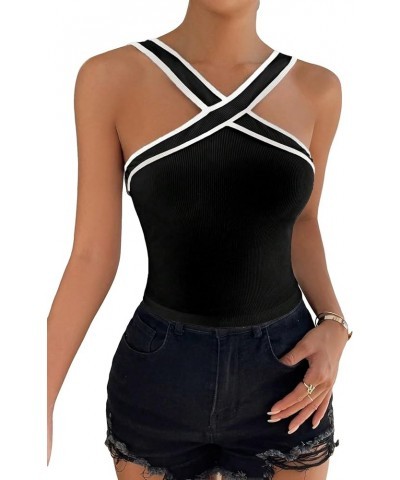 Women's Contrast Binding Halter Top Striped V Neck Knit Fitted Cami Tops Black $13.74 Tanks