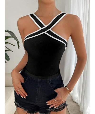 Women's Contrast Binding Halter Top Striped V Neck Knit Fitted Cami Tops Black $13.74 Tanks