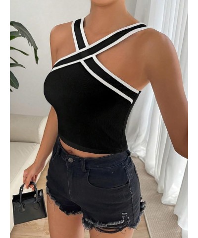 Women's Contrast Binding Halter Top Striped V Neck Knit Fitted Cami Tops Black $13.74 Tanks