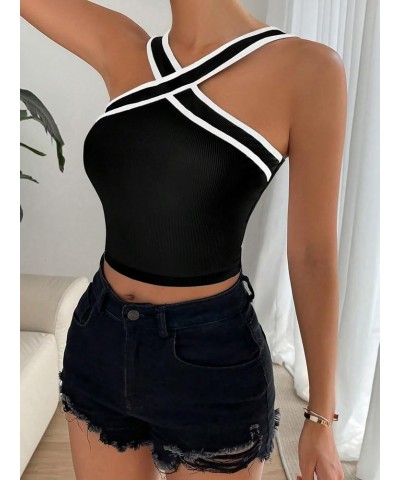 Women's Contrast Binding Halter Top Striped V Neck Knit Fitted Cami Tops Black $13.74 Tanks