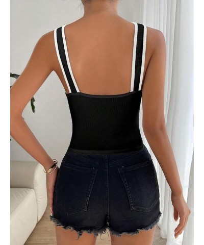 Women's Contrast Binding Halter Top Striped V Neck Knit Fitted Cami Tops Black $13.74 Tanks