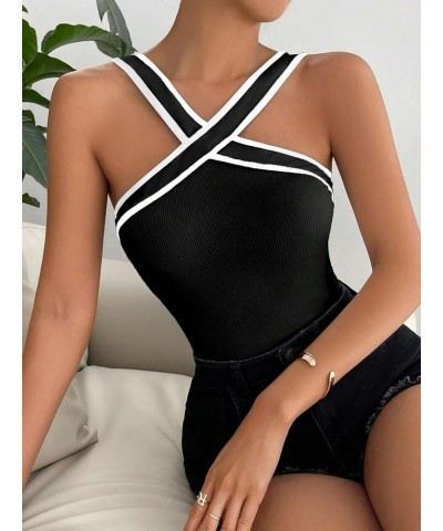 Women's Contrast Binding Halter Top Striped V Neck Knit Fitted Cami Tops Black $13.74 Tanks