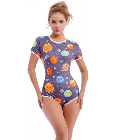 Women Sexy Short Sleeve One Piece Romper Button Crotch Bodysuit Playsuit O Neck Printed Pajama Jumpsuit Pjs Lingerie Dark Blu...
