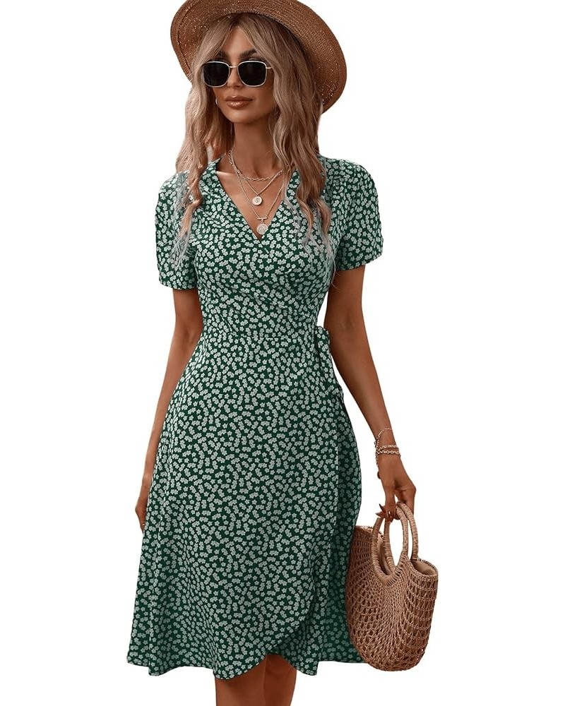 Women's Boho Floral Short Sleeve V Neck Wrap Dress Tie Side A Line Knee Length Dress Green $15.58 Dresses