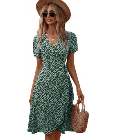 Women's Boho Floral Short Sleeve V Neck Wrap Dress Tie Side A Line Knee Length Dress Green $15.58 Dresses