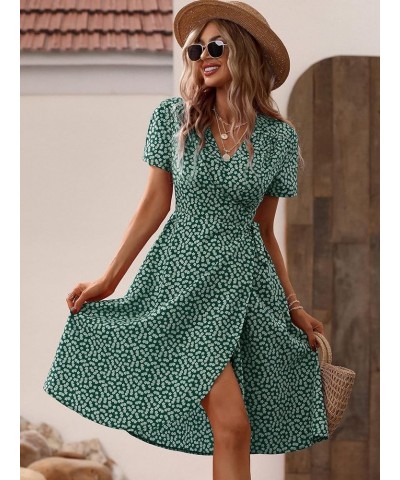 Women's Boho Floral Short Sleeve V Neck Wrap Dress Tie Side A Line Knee Length Dress Green $15.58 Dresses