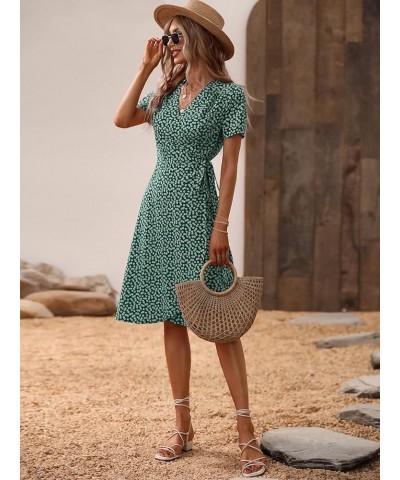 Women's Boho Floral Short Sleeve V Neck Wrap Dress Tie Side A Line Knee Length Dress Green $15.58 Dresses