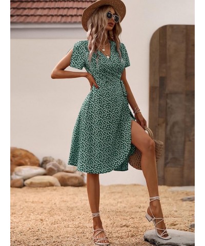 Women's Boho Floral Short Sleeve V Neck Wrap Dress Tie Side A Line Knee Length Dress Green $15.58 Dresses