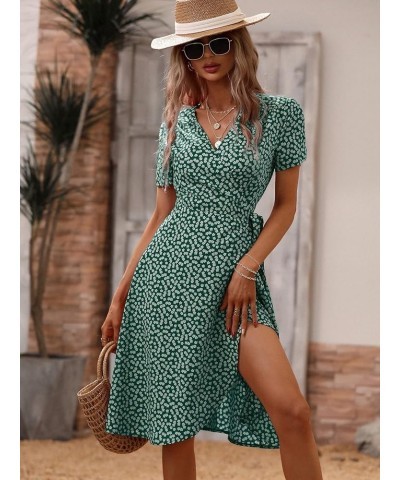 Women's Boho Floral Short Sleeve V Neck Wrap Dress Tie Side A Line Knee Length Dress Green $15.58 Dresses