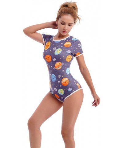 Women Sexy Short Sleeve One Piece Romper Button Crotch Bodysuit Playsuit O Neck Printed Pajama Jumpsuit Pjs Lingerie Dark Blu...