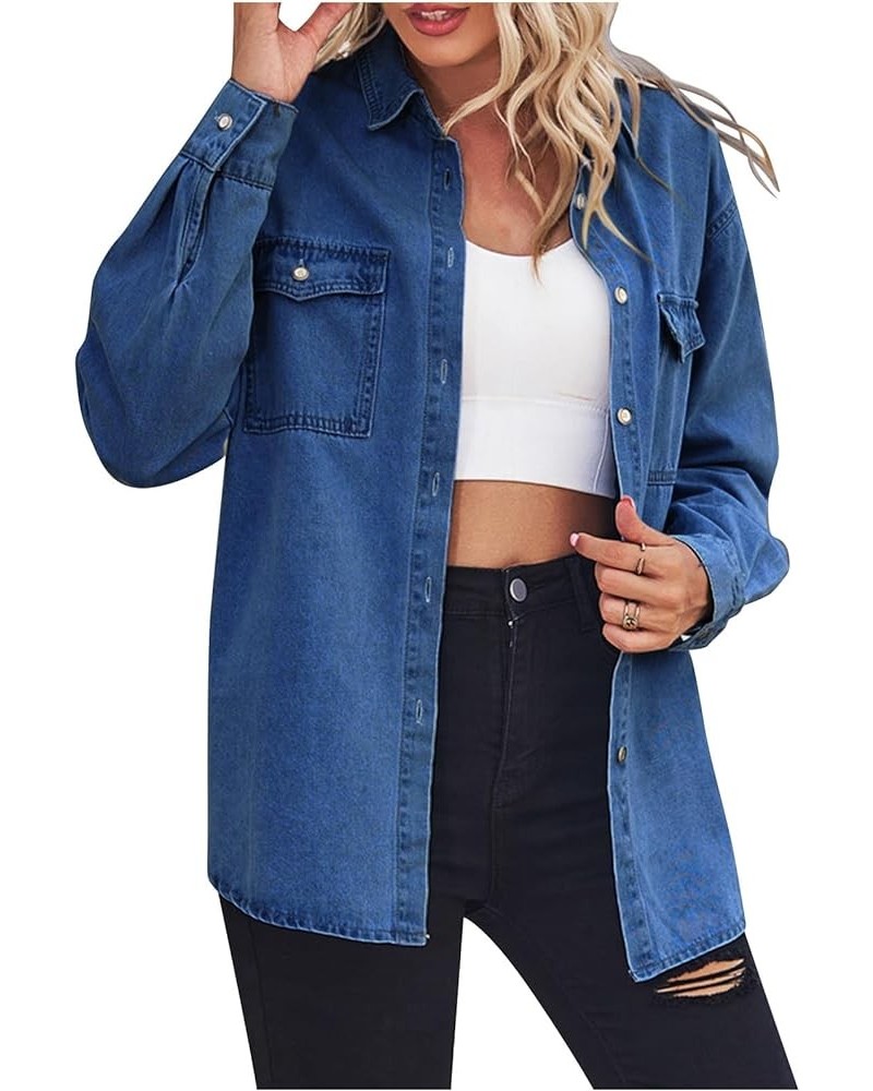 Women's Fashion Denim Jacket Coats 2023 Fall Shacket Long Sleeve Lapel Button down Boyfriend Jean Jacket with Pockets A27 Blu...