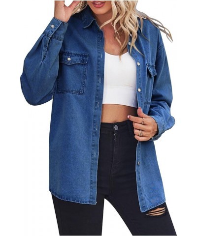 Women's Fashion Denim Jacket Coats 2023 Fall Shacket Long Sleeve Lapel Button down Boyfriend Jean Jacket with Pockets A27 Blu...