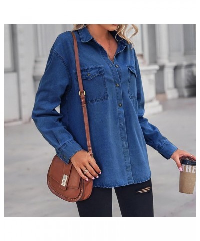 Women's Fashion Denim Jacket Coats 2023 Fall Shacket Long Sleeve Lapel Button down Boyfriend Jean Jacket with Pockets A27 Blu...