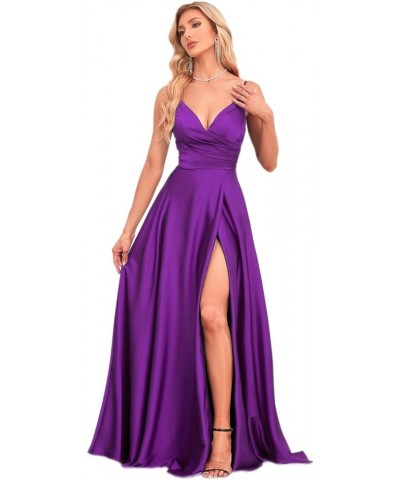 Women's Spaghetti Strap Satin Prom Dresses Long with Slit Ruched V-Neck Bridesmaid Dresses for Wedding Purple $23.03 Dresses