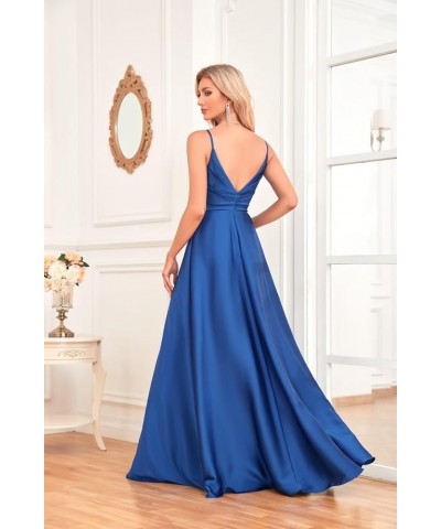 Women's Spaghetti Strap Satin Prom Dresses Long with Slit Ruched V-Neck Bridesmaid Dresses for Wedding Purple $23.03 Dresses