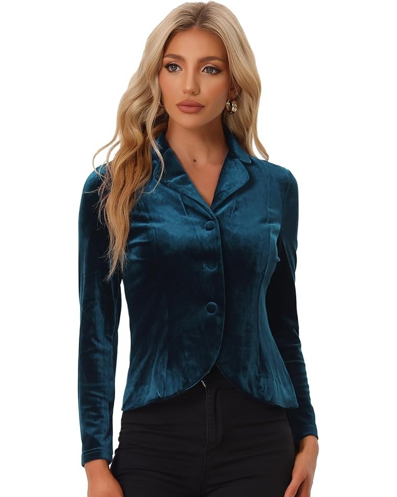 Women's Suit Jacket Notched Lapel Halloween Long Sleeve Office Business Button Velvet Blazer Peacock Blue $20.91 Blazers