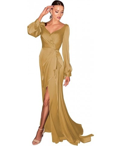 Women' s Long Sleeve Satin Prom Dresses with Train High Split Open Back Maxi Formal Evening Party Ball Gown Gold $26.40 Dresses