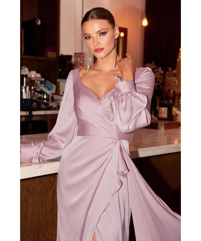 Women' s Long Sleeve Satin Prom Dresses with Train High Split Open Back Maxi Formal Evening Party Ball Gown Gold $26.40 Dresses