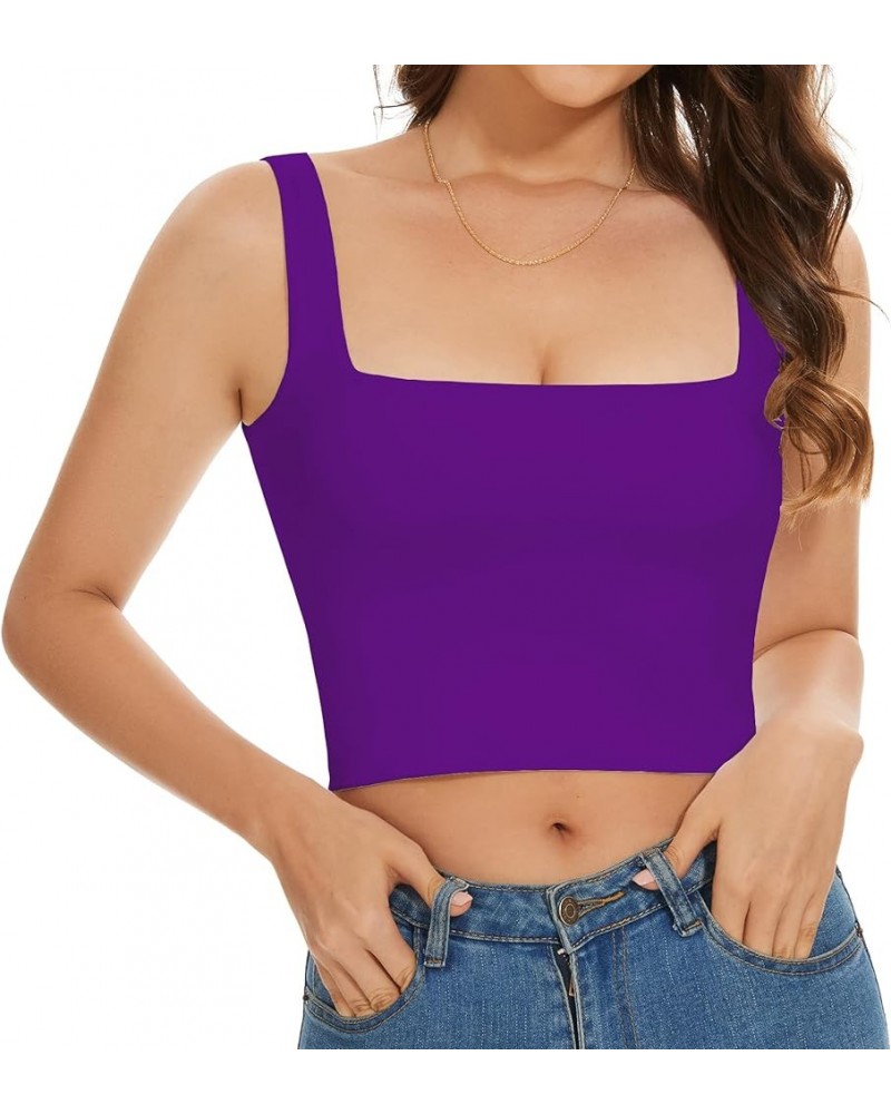 Women’s Sleeveless Crop Tops Square Neck Double Layer Workout Fitness Basic Cropped Tank Top 09-purple $9.89 Tanks