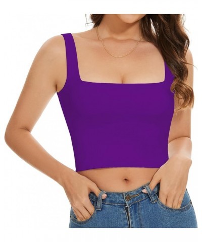 Women’s Sleeveless Crop Tops Square Neck Double Layer Workout Fitness Basic Cropped Tank Top 09-purple $9.89 Tanks