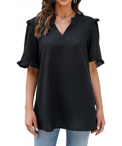 St. Jubileens Women's Plus Size Tunic Tops V Neck Ruffle Trim Short Sleeve Loose Casual Blouse Tops Pure Black $12.09 Tops