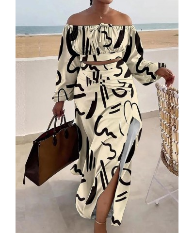 Summer Skirt Sets Women 2 Piece Outfits Off Shoulder Crop tops + Side High Split Maxi Dress Skirt Plus Size 01white $22.56 Suits