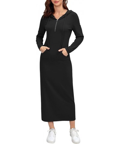 Women Casual Pocket Quarter-Zip Neck 3/4 Sleeve Slim Split Pullover Hoodie Maxi Dress Black-front Pocket-long Sleeve $13.60 D...