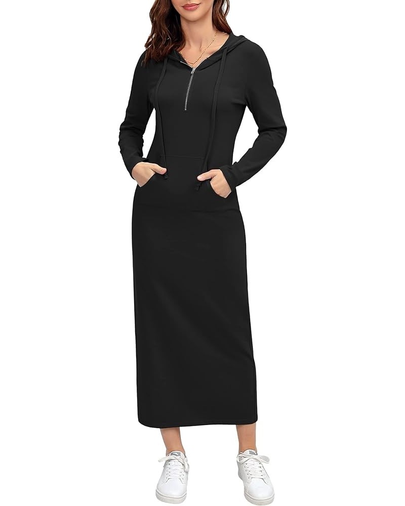 Women Casual Pocket Quarter-Zip Neck 3/4 Sleeve Slim Split Pullover Hoodie Maxi Dress Black-front Pocket-long Sleeve $13.60 D...