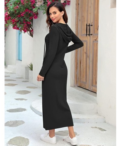 Women Casual Pocket Quarter-Zip Neck 3/4 Sleeve Slim Split Pullover Hoodie Maxi Dress Black-front Pocket-long Sleeve $13.60 D...