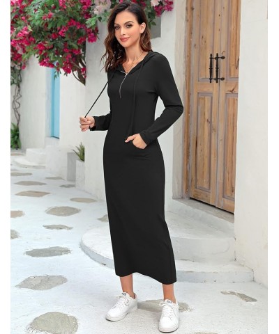 Women Casual Pocket Quarter-Zip Neck 3/4 Sleeve Slim Split Pullover Hoodie Maxi Dress Black-front Pocket-long Sleeve $13.60 D...