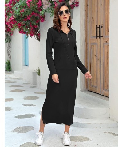 Women Casual Pocket Quarter-Zip Neck 3/4 Sleeve Slim Split Pullover Hoodie Maxi Dress Black-front Pocket-long Sleeve $13.60 D...