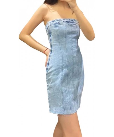 Women's Sexy Y2k Denim Mini Dress Tube Bodycon Club Party Jean Strapless Clothing Light Blue $21.65 Dresses