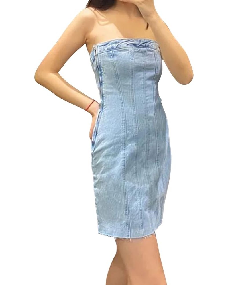 Women's Sexy Y2k Denim Mini Dress Tube Bodycon Club Party Jean Strapless Clothing Light Blue $21.65 Dresses