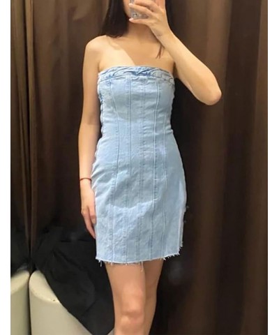 Women's Sexy Y2k Denim Mini Dress Tube Bodycon Club Party Jean Strapless Clothing Light Blue $21.65 Dresses