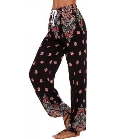 Women's Floral Print Elastic Waist Drawstring Casual Boho Yoga Harem Jogger Lightweight Pants with Pockets Black/Multicolor $...