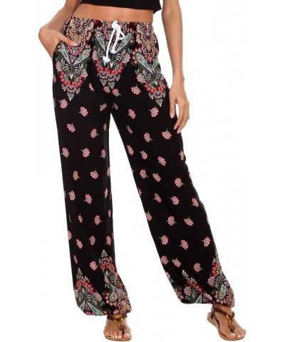 Women's Floral Print Elastic Waist Drawstring Casual Boho Yoga Harem Jogger Lightweight Pants with Pockets Black/Multicolor $...