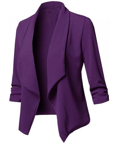 Women's 3/4 Sleeve Blazer Plus Size Solid Color Classic Casual Slim Lapel Collar Open Front Cardigan Suit Jacket Tops Purple ...