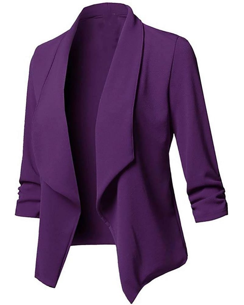 Women's 3/4 Sleeve Blazer Plus Size Solid Color Classic Casual Slim Lapel Collar Open Front Cardigan Suit Jacket Tops Purple ...