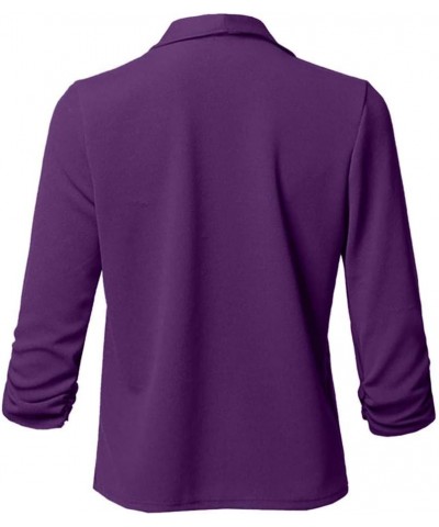 Women's 3/4 Sleeve Blazer Plus Size Solid Color Classic Casual Slim Lapel Collar Open Front Cardigan Suit Jacket Tops Purple ...