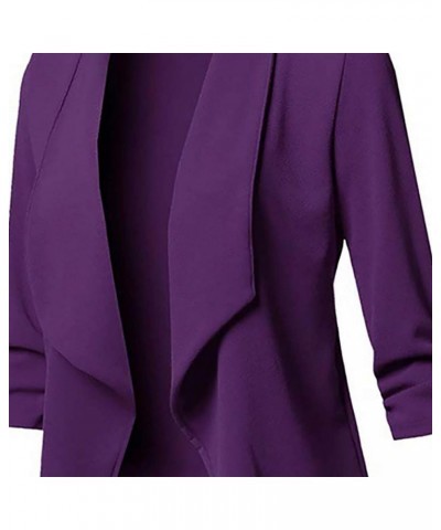 Women's 3/4 Sleeve Blazer Plus Size Solid Color Classic Casual Slim Lapel Collar Open Front Cardigan Suit Jacket Tops Purple ...