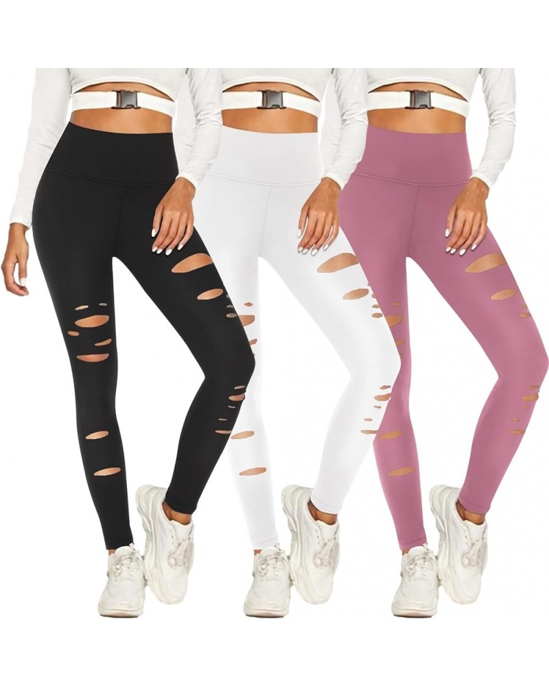 3 Pack Ripped Leggings for Women High Waist Tummy Control Yoga Pants Cutout Workout Leggings 3pack-black,white,pink $9.87 Act...