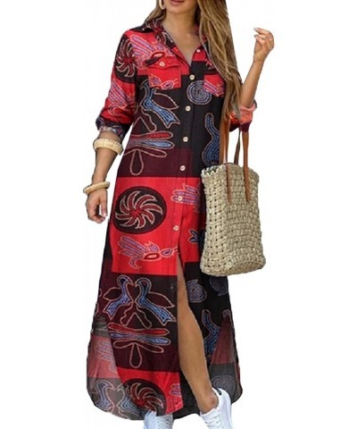 Womens Button Down Long Sleeve Shirt Dress Casual Floral Print Maxi Dresses Loose Fit Blouse Dress Plus Size Red $20.64 Dresses